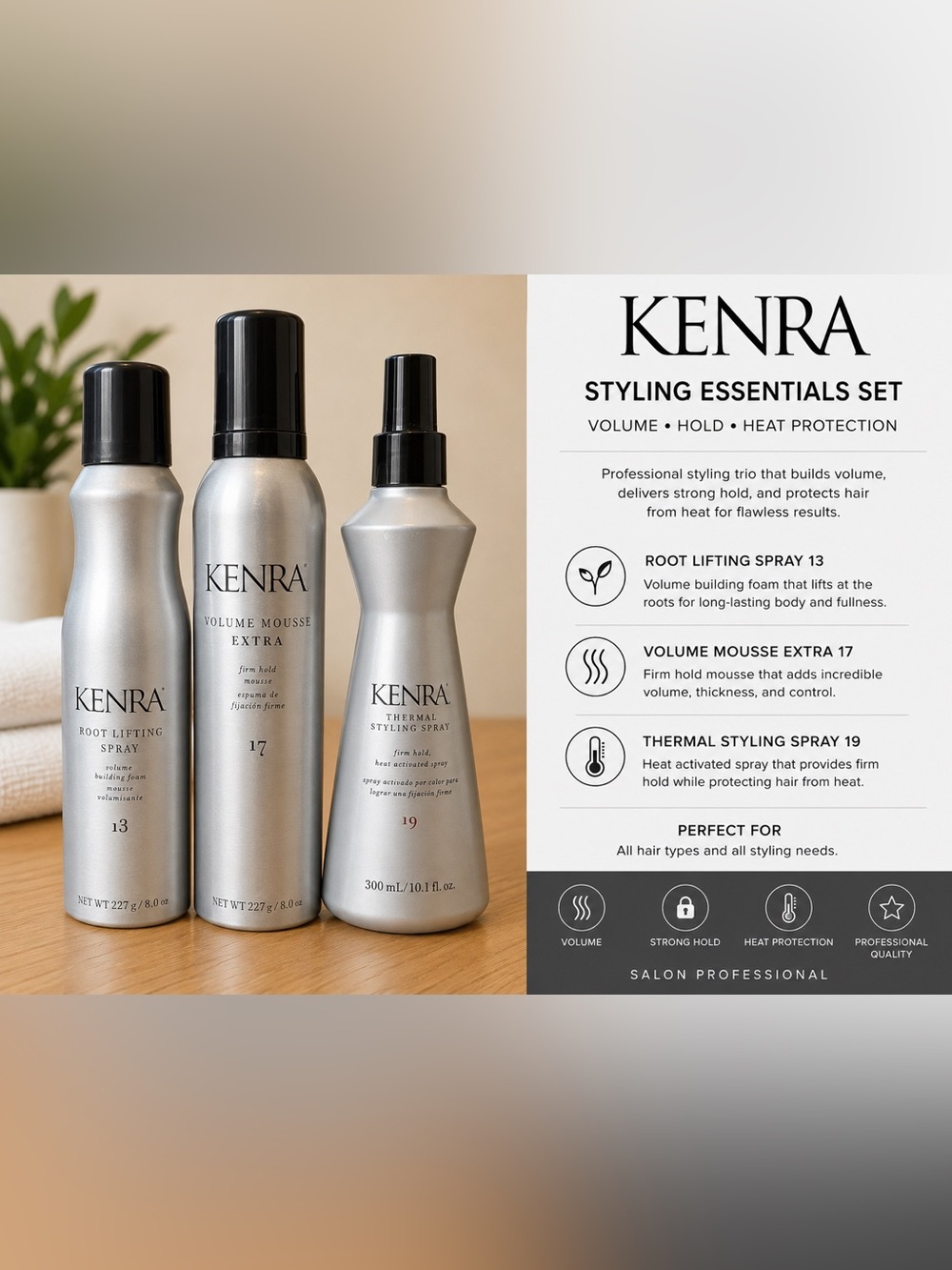 Kenra Styling Essentials Set Root Lifting Spray 13 Mousse 17 Thermal Spray 19